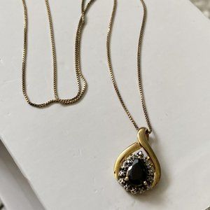 14K Gold over Sterling Necklace with Black Sapphire and Diamonds Pendant 9.8"